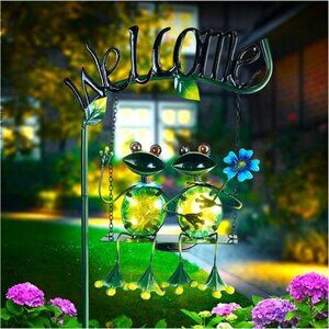 Outdoor Garden Solar Lights, Frog Swing Garden Decor, Stake with Welcome Sign